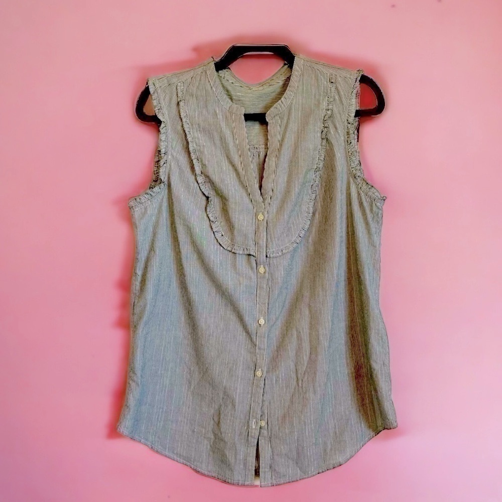 Grey and white pinstripe shimmery sleeveless tank top ruffles women’s size L